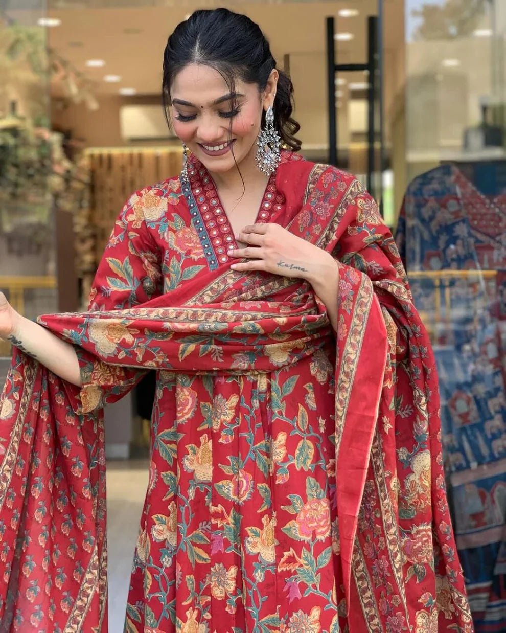 Reddish Floral Printed Cotton Kurta and Pant Set with Mulmul Dupatta