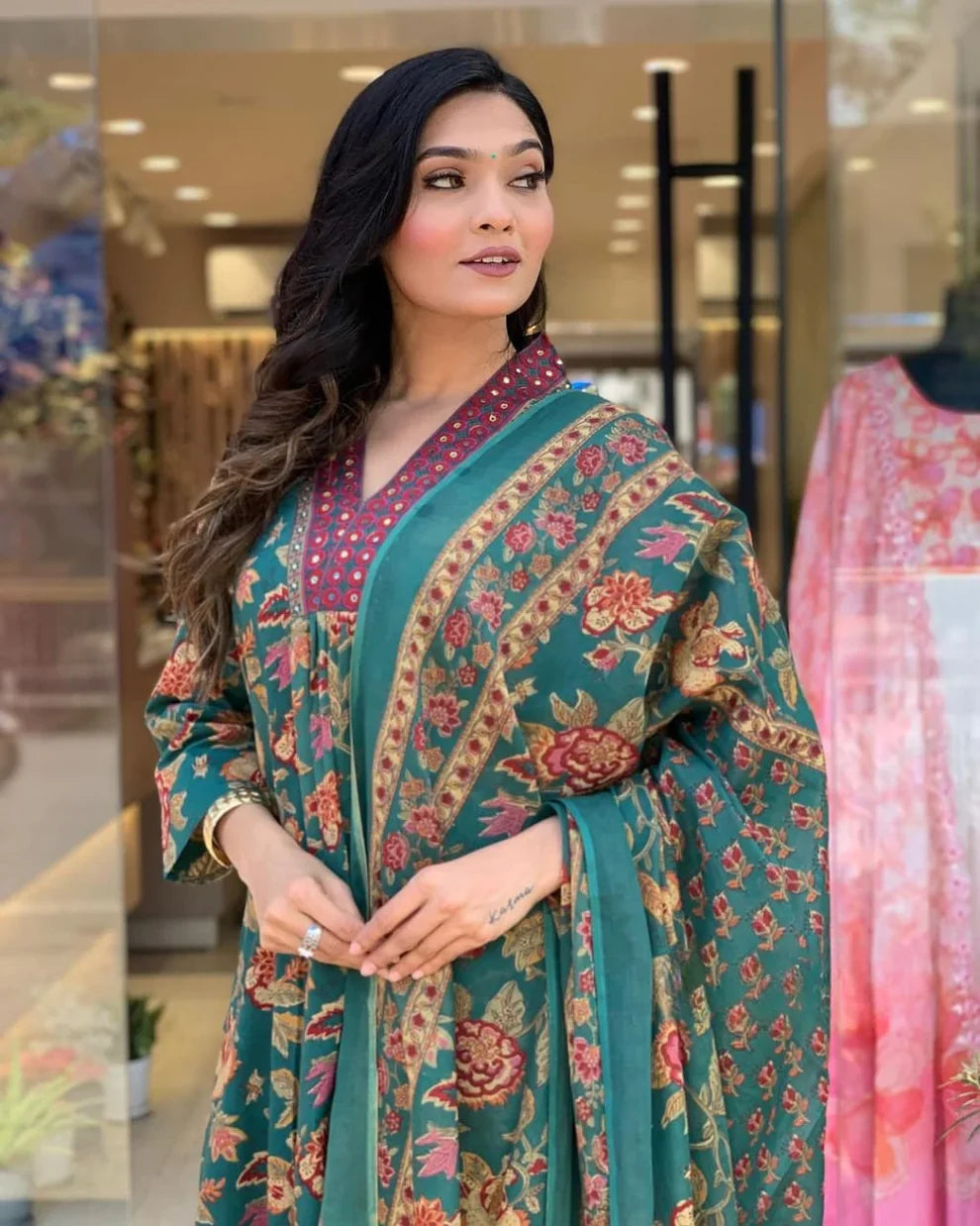 Green Floral Printed Cotton Kurta and Pant Set with Mulmul Dupatta