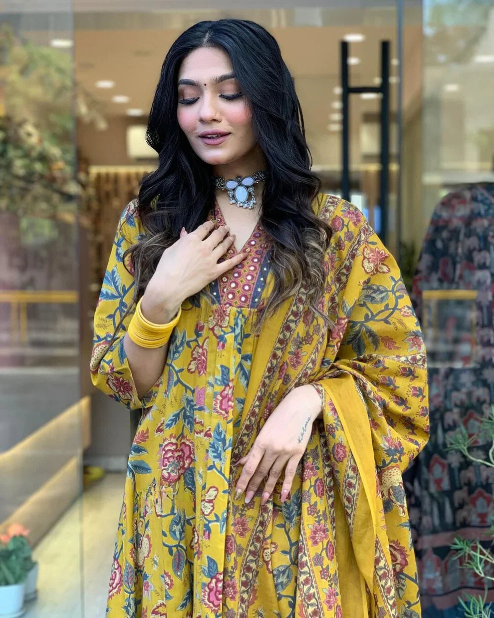 Yellowish Floral Printed Cotton Kurta and Pant Set with Mulmul Dupatta