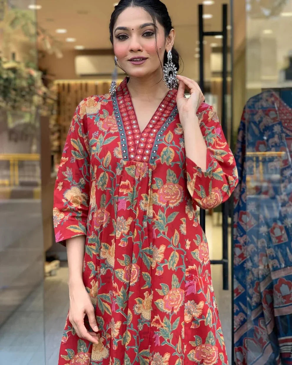 Reddish Floral Printed Cotton Kurta and Pant Set with Mulmul Dupatta