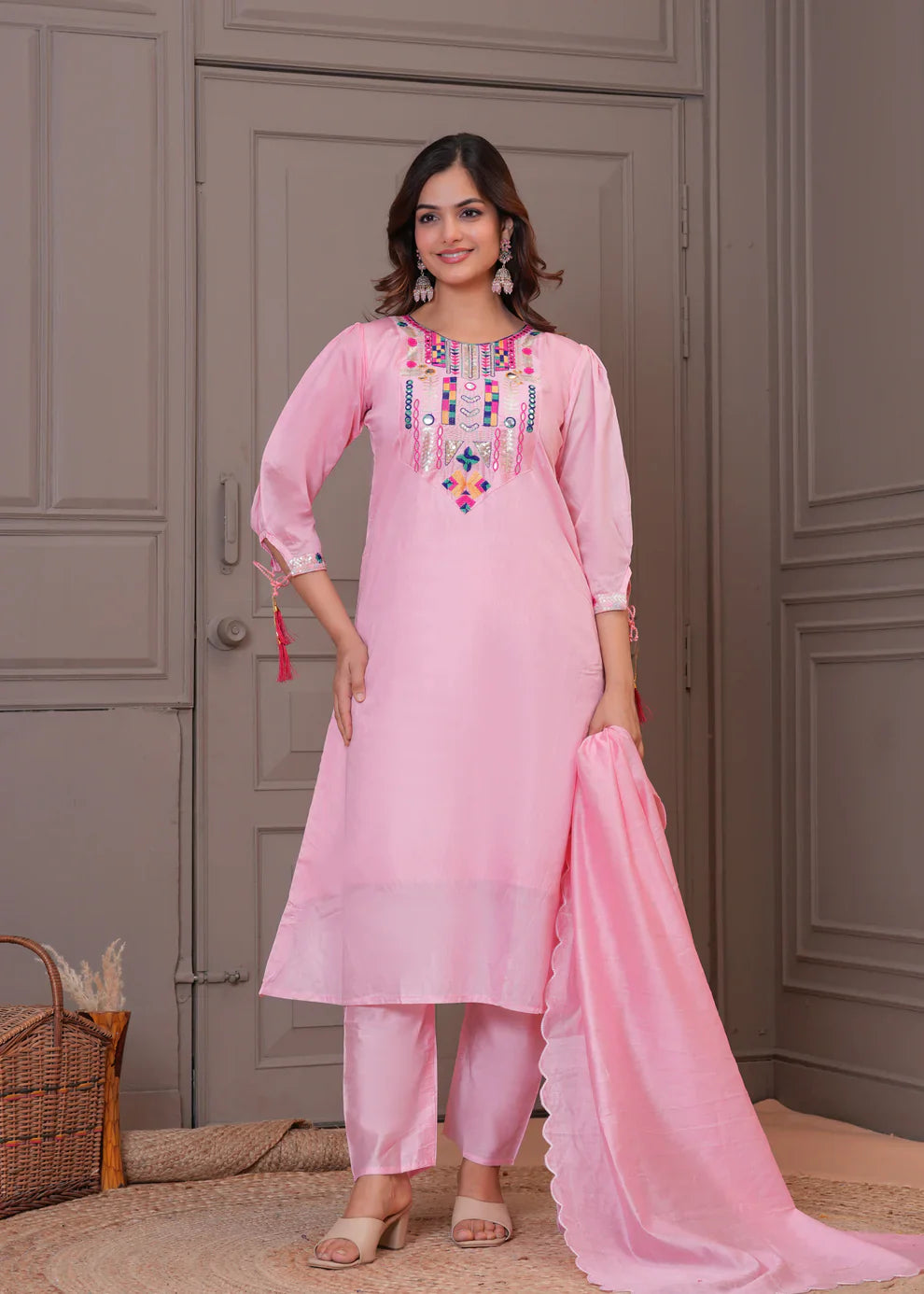 Light Pink Embroidered Chanderi Kurta and Pant Set with Dupatta