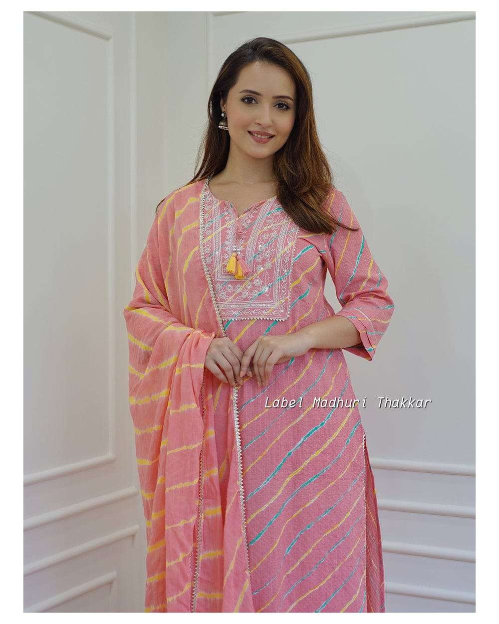 Pink Leheriya Cotton Blend Embroidered Suit Set For Women