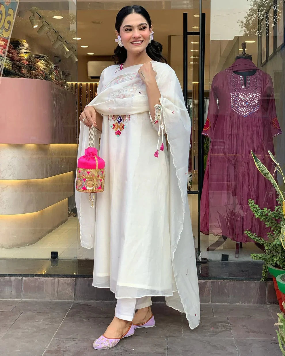 White Embroidered Chanderi Kurta and Pant Set with Dupatta