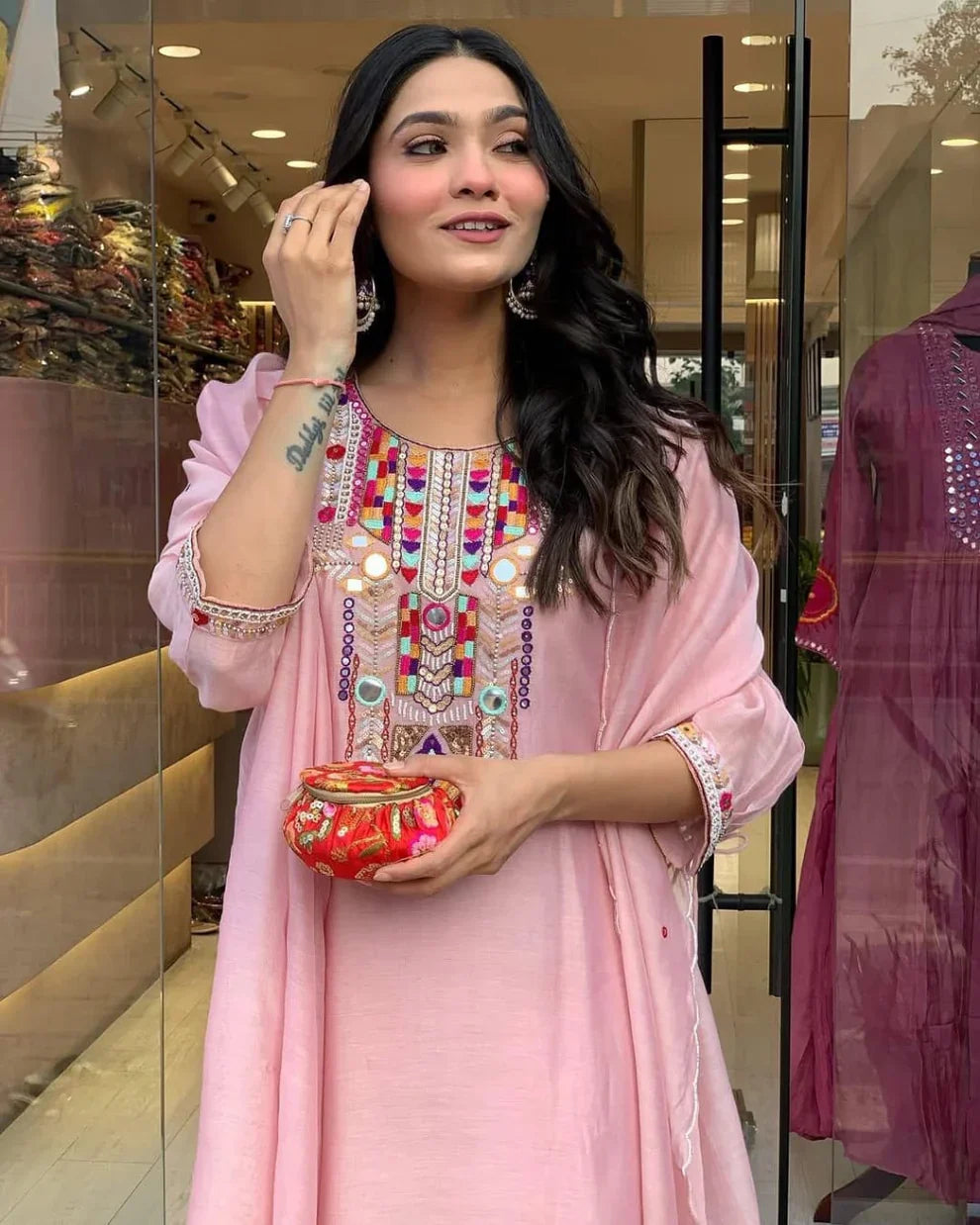 Light Pink Embroidered Chanderi Suit Set with Dupatta