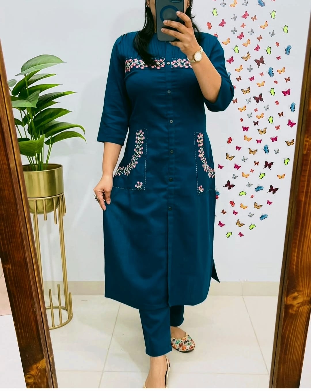 Libas Teal Blue Straight-Cut Kurti Set with Floral Pocket Embroidery
