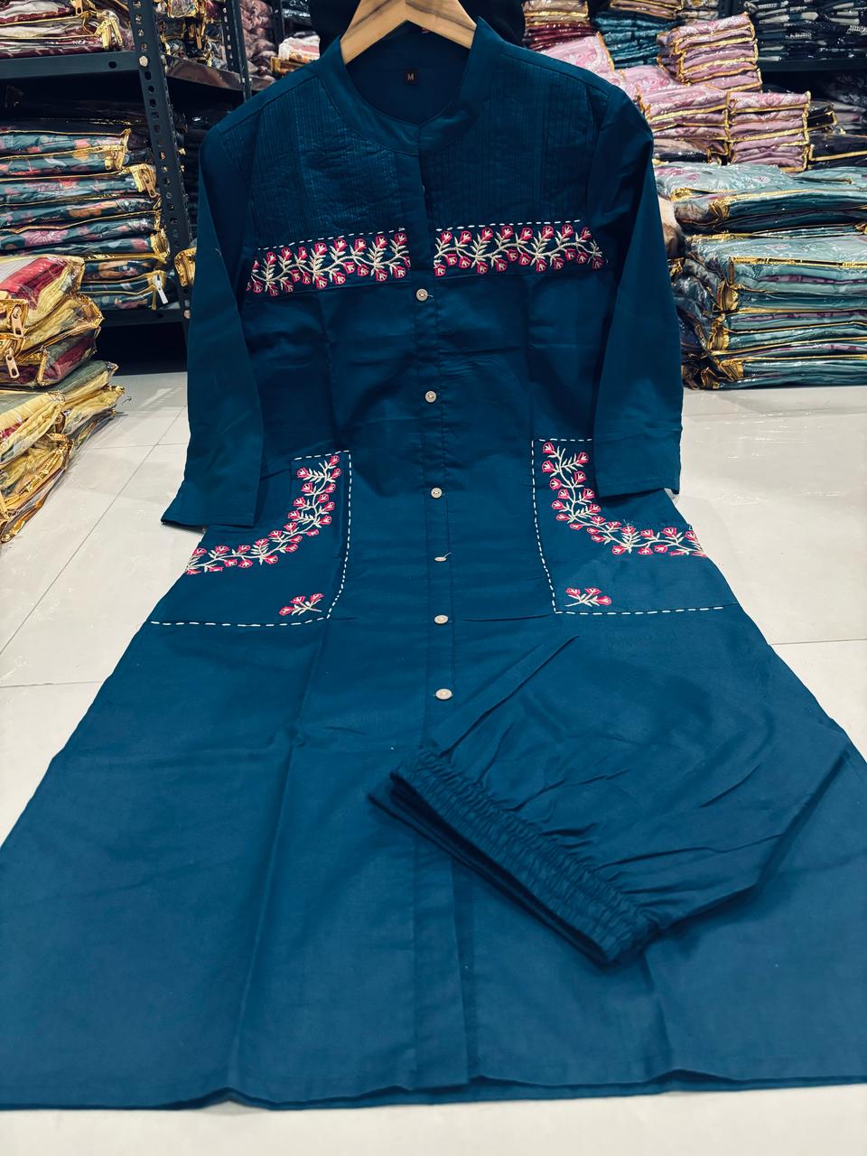 Libas Teal Blue Straight-Cut Kurti Set with Floral Pocket Embroidery