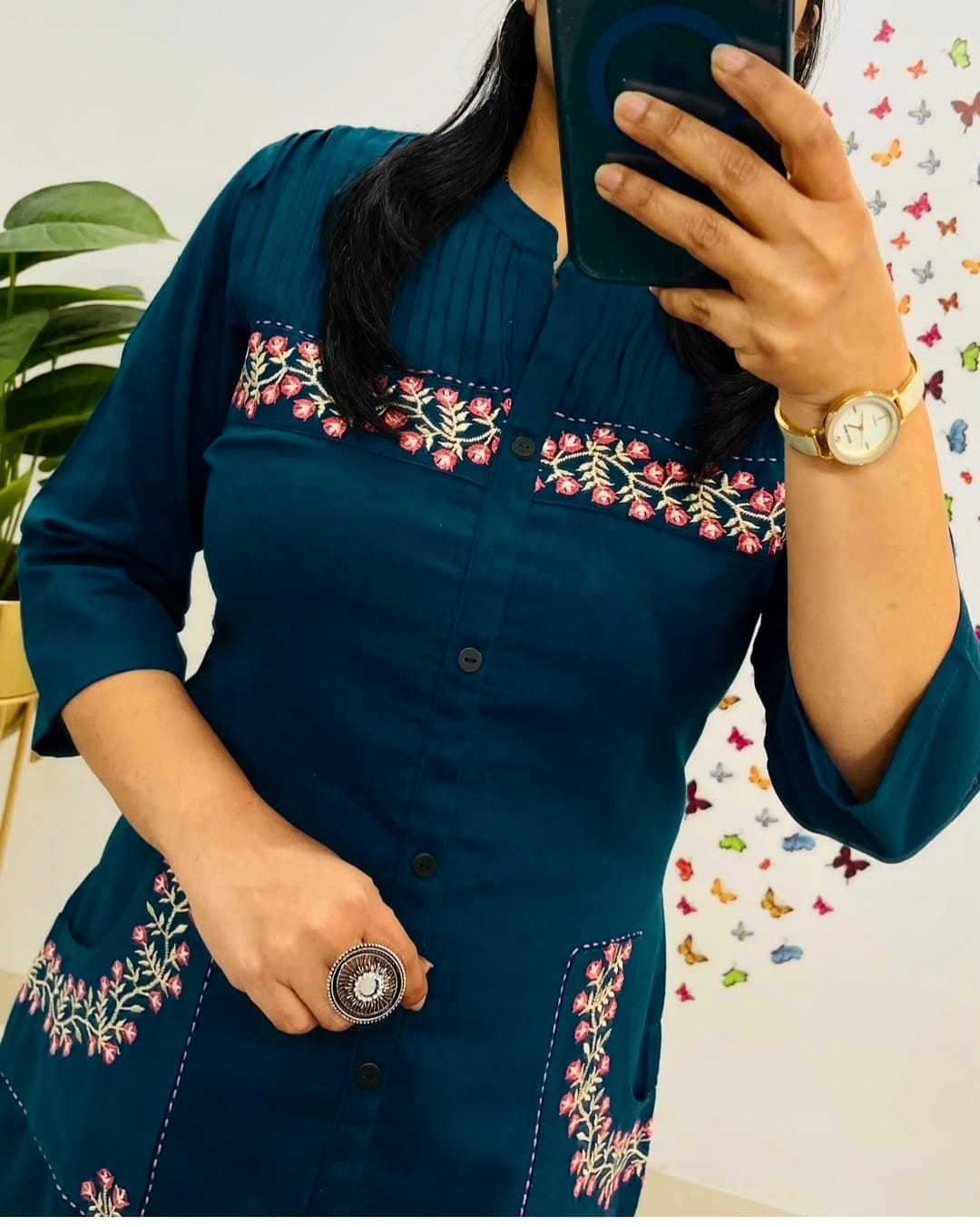Libas Teal Blue Straight-Cut Kurti Set with Floral Pocket Embroidery