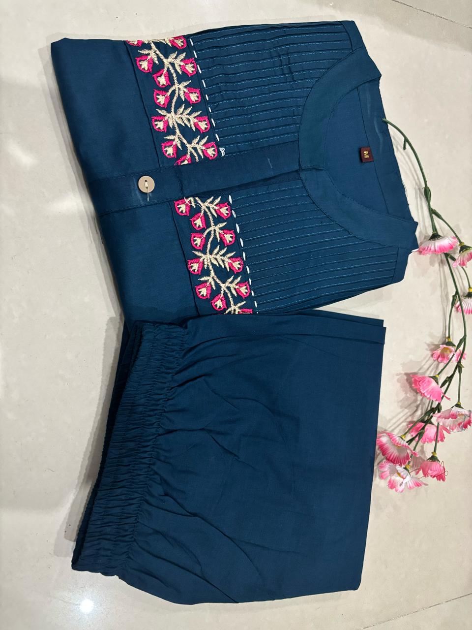 Libas Teal Blue Straight-Cut Kurti Set with Floral Pocket Embroidery