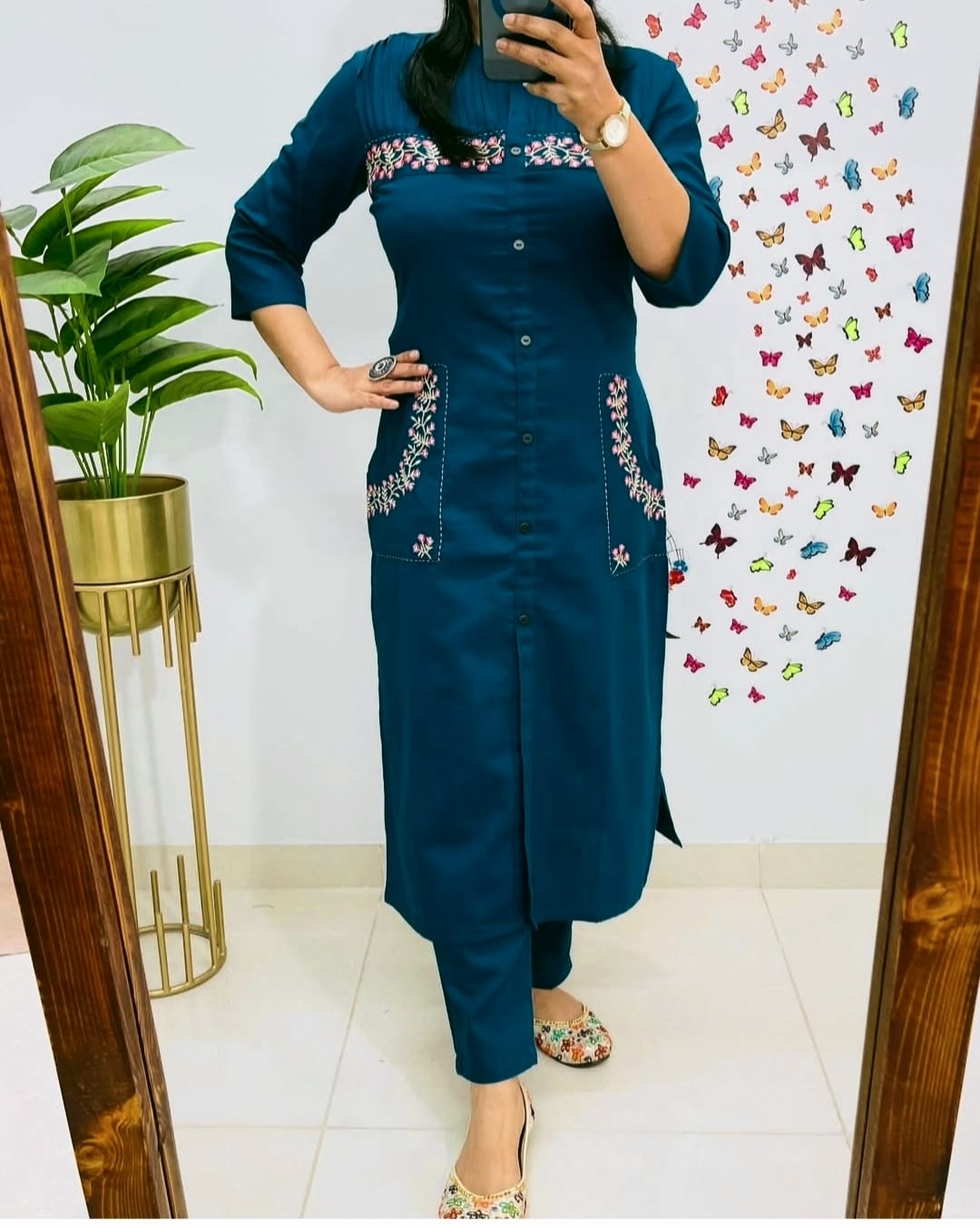 Libas Teal Blue Straight-Cut Kurti Set with Floral Pocket Embroidery