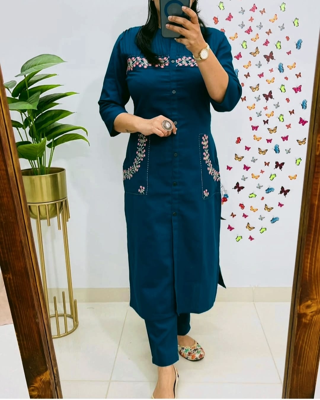 Libas Teal Blue Straight-Cut Kurti Set with Floral Pocket Embroidery