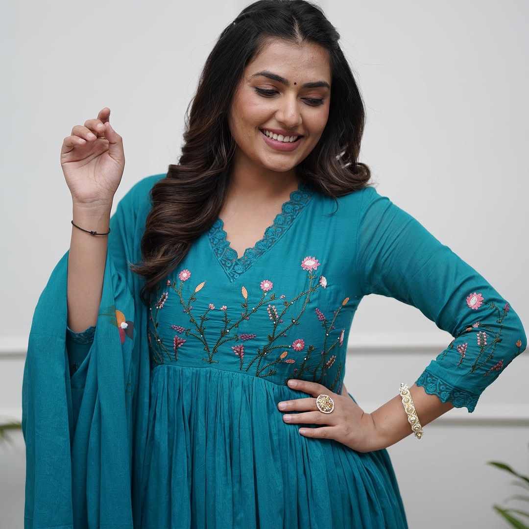 Libas Elegant Teal Anarkali Set with Floral Embroidery