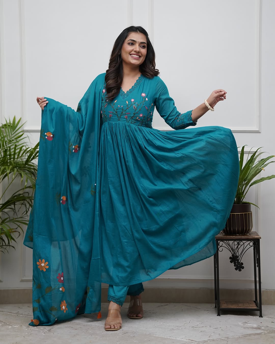Libas Elegant Teal Anarkali Set with Floral Embroidery