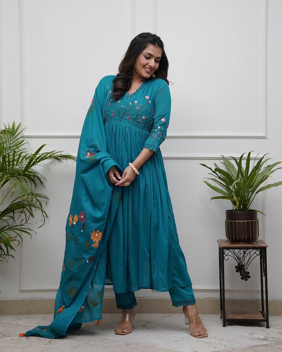 Libas Elegant Teal Anarkali Set with Floral Embroidery