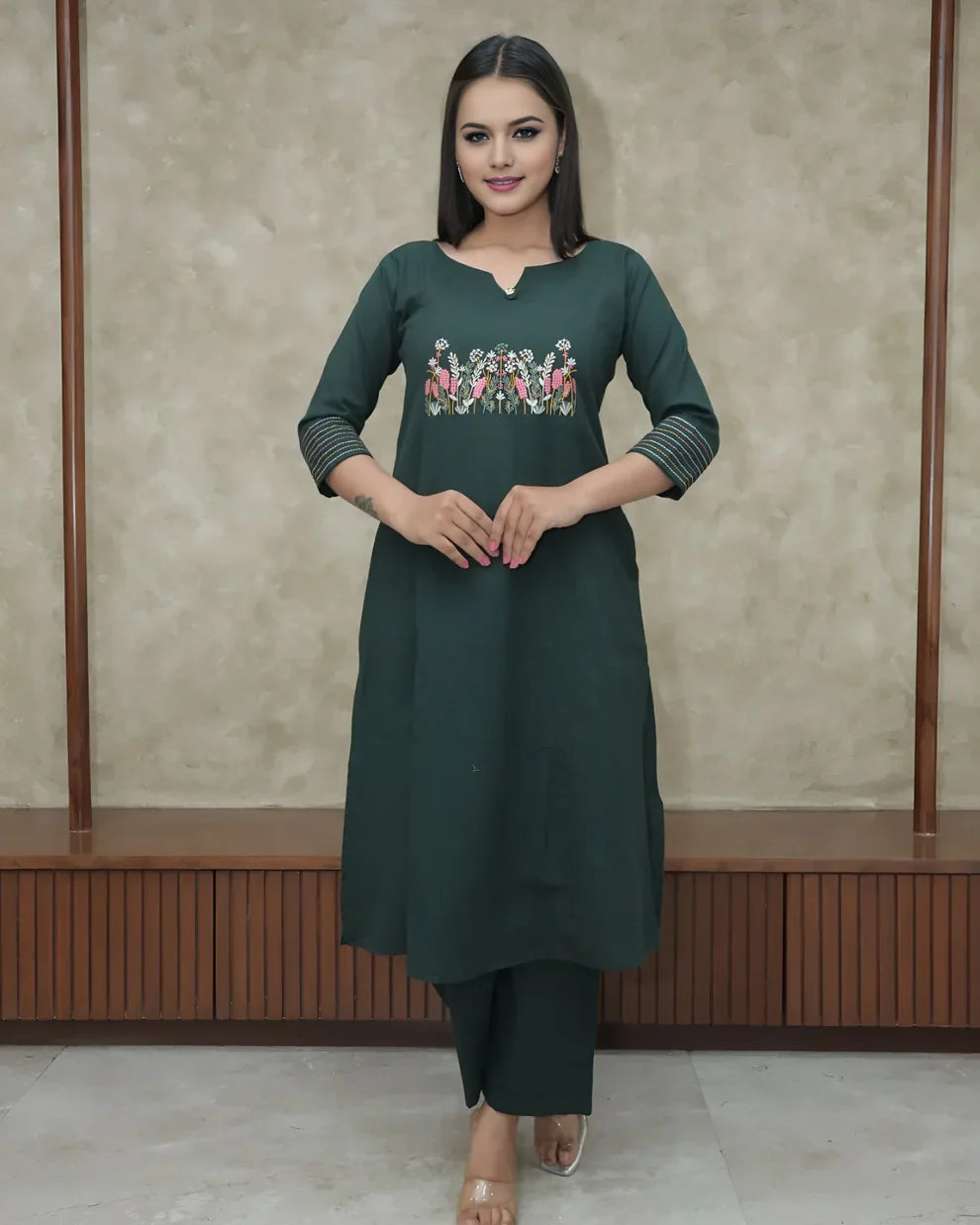 Green Embroidered Cotton Flex Kurta and Pant Set