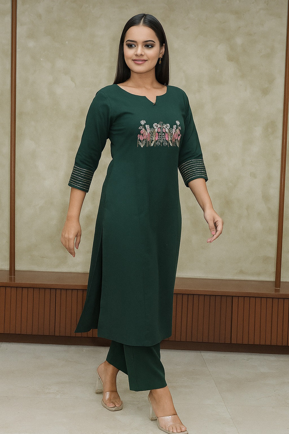 Green Embroidered Cotton Flex Kurta and Pant Set