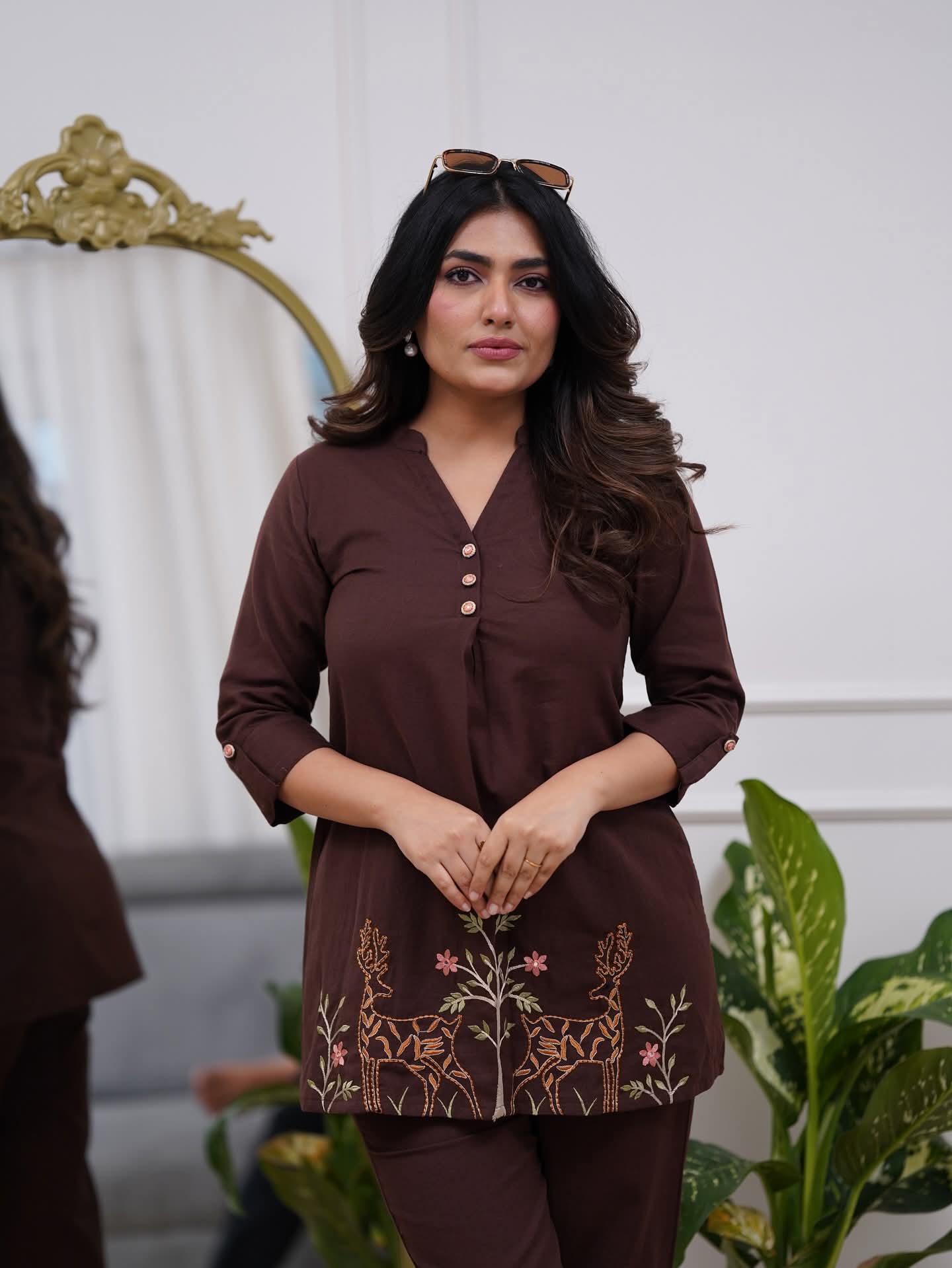 Dark Brown Embroidered Floral & Deer Cotton Co-ord Set