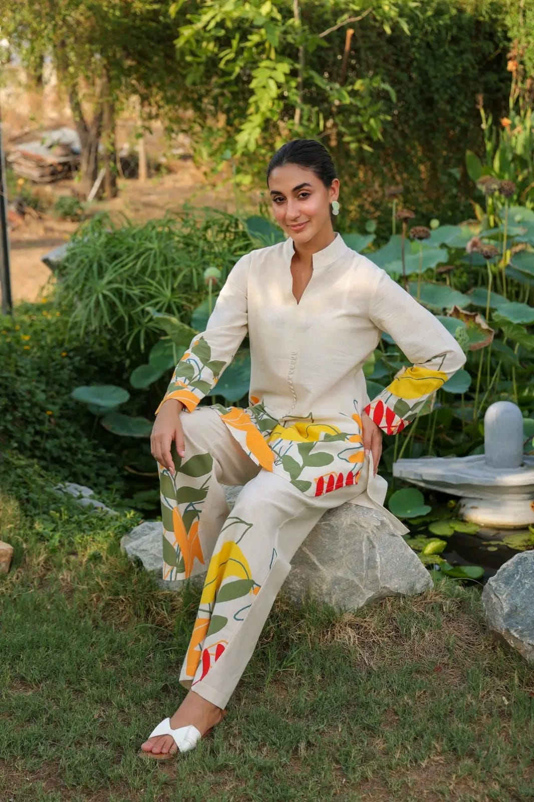 Off White Printed Cotton Flex Co-Ord Set