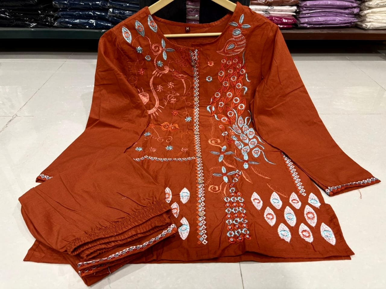 Rust Embroidered Floral Cotton Co-ord Set