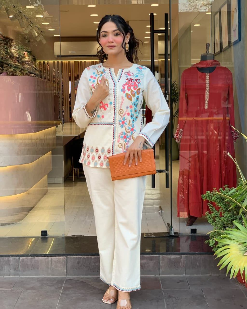 Off White Embroidered Floral Cotton Co-ord Set