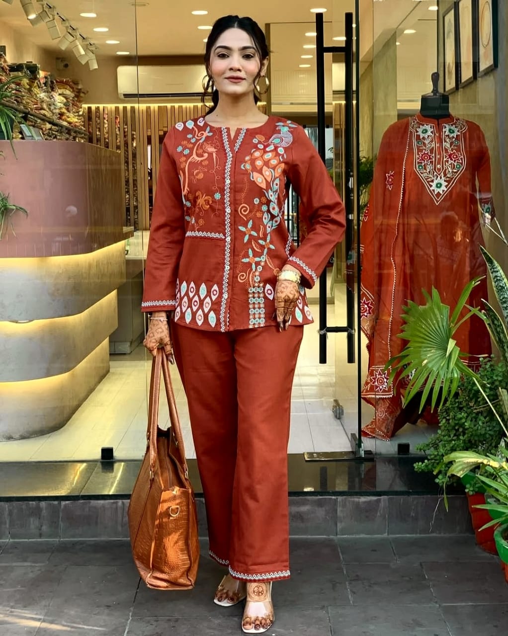 Rust Embroidered Floral Cotton Co-ord Set