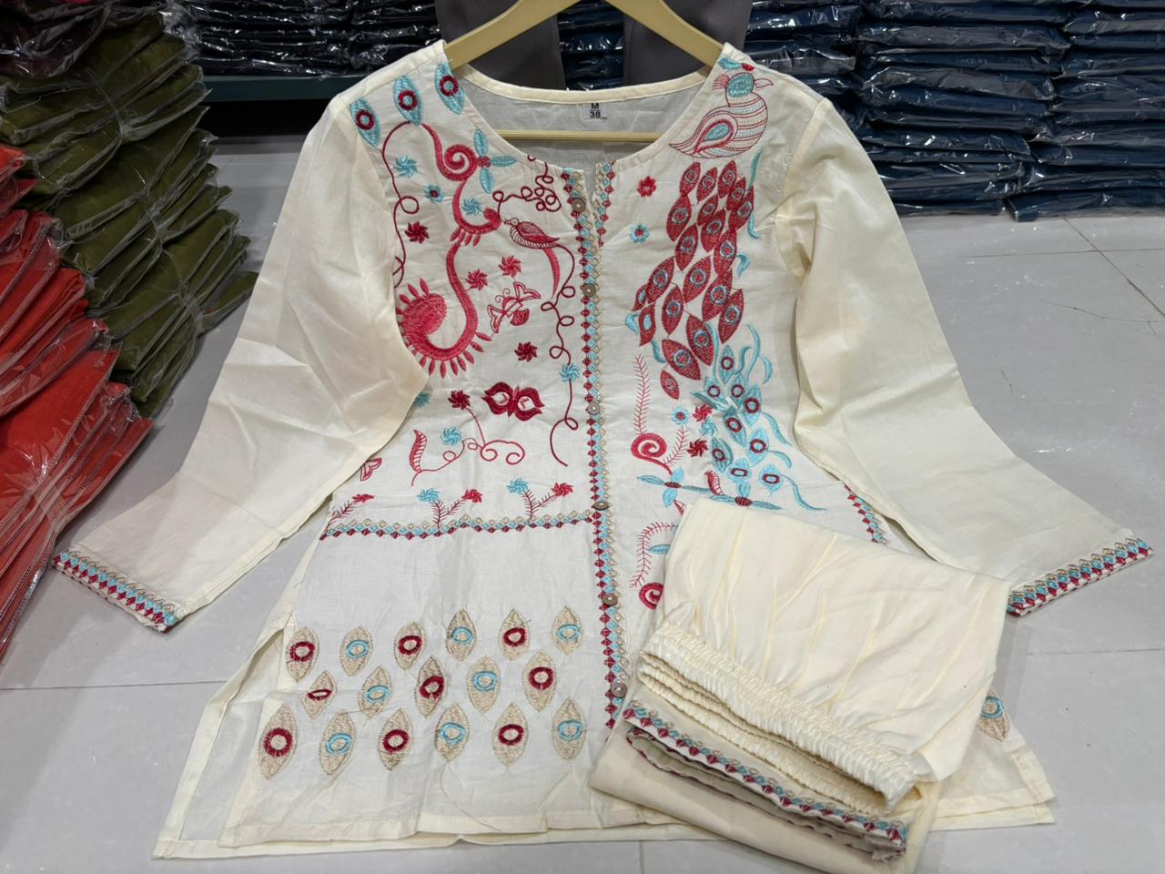 Off White Embroidered Floral Cotton Co-ord Set