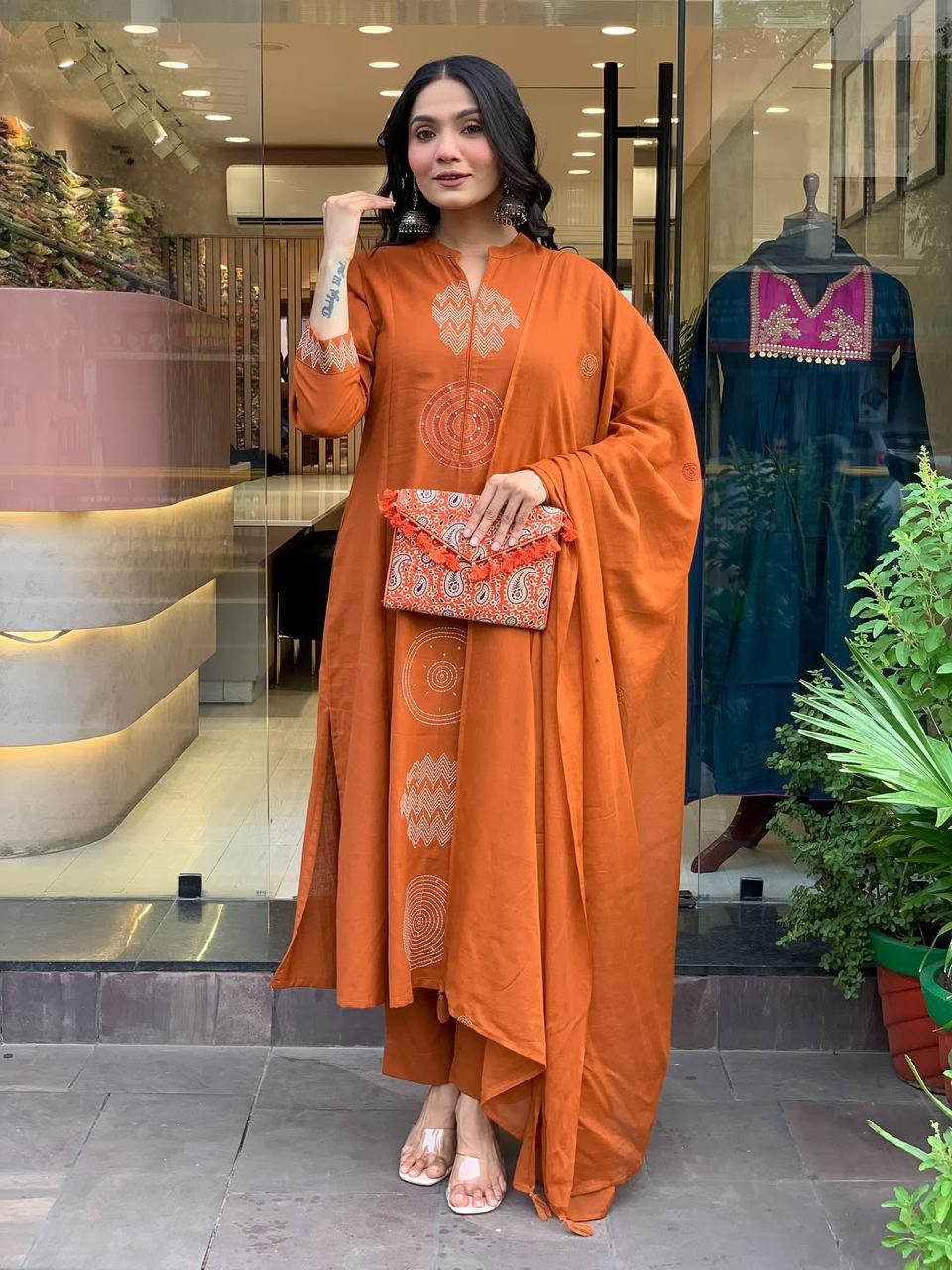 Rust Orange Embroidered Cotton Suit Set with Dupatta