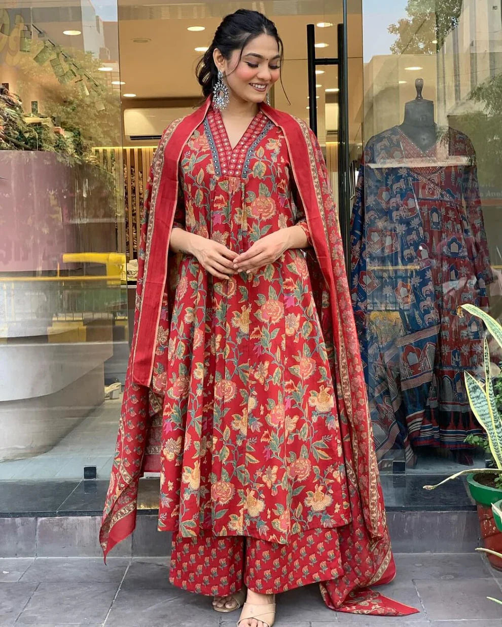 Reddish Floral Printed Cotton Kurta and Pant Set with Mulmul Dupatta