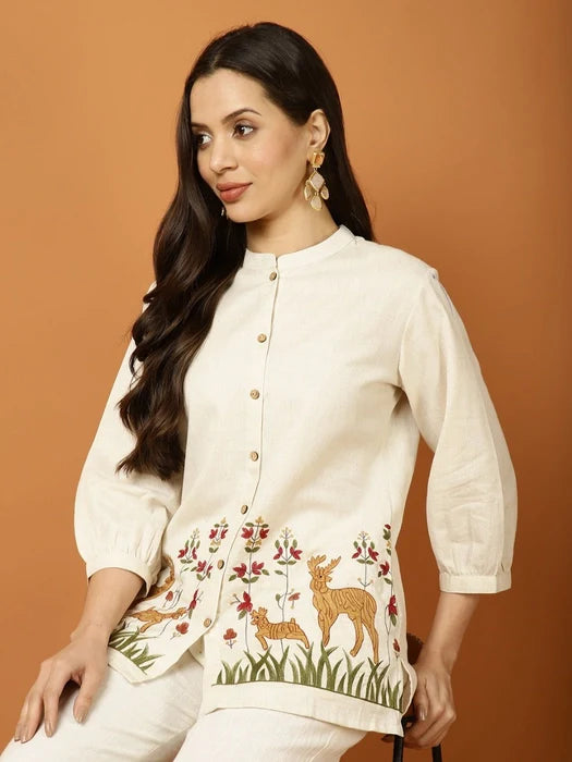 Off White Embroidered Floral & Deer Cotton Co-ord Set