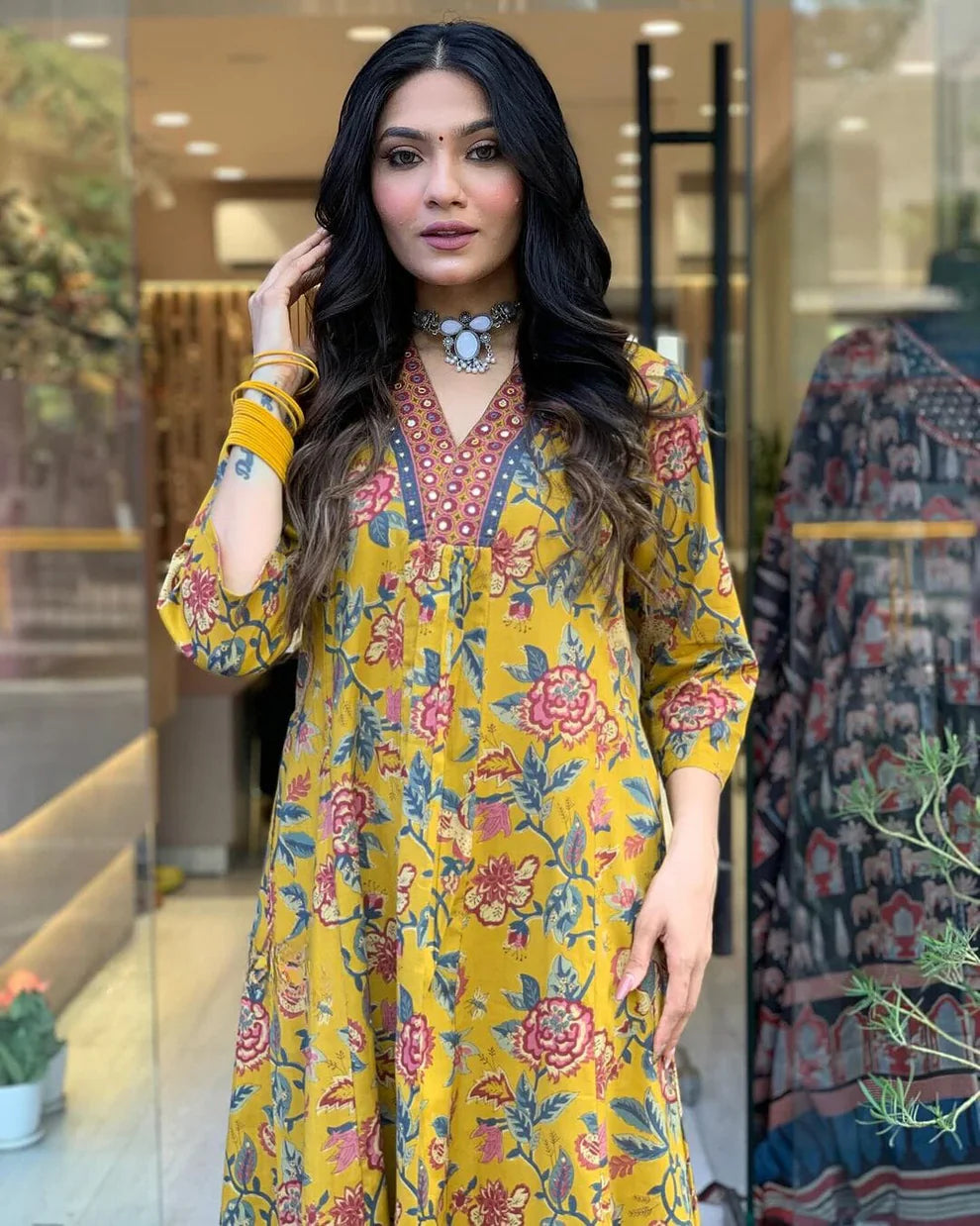 Yellowish Floral Printed Cotton Kurta and Pant Set with Mulmul Dupatta