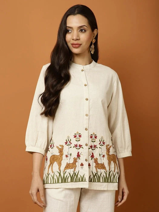 Off White Embroidered Floral & Deer Cotton Co-ord Set