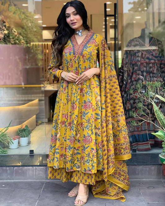Yellowish Floral Printed Cotton Kurta and Pant Set with Mulmul Dupatta