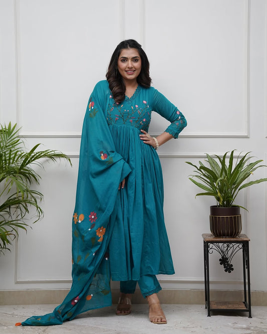 Libas Elegant Teal Anarkali Set with Floral Embroidery