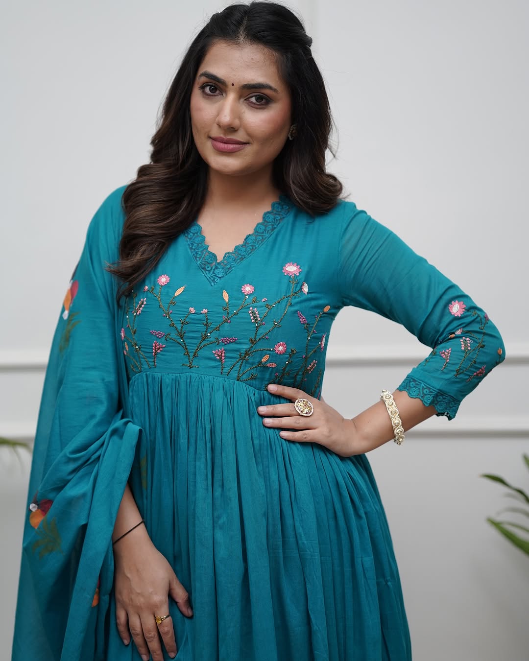 Libas Elegant Teal Anarkali Set with Floral Embroidery