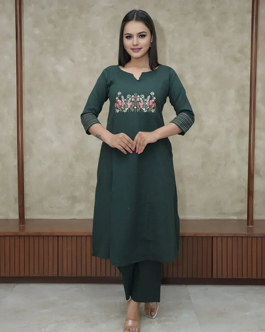 Green Embroidered Cotton Flex Kurta and Pant Set