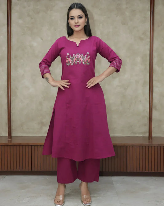 Pink Embroidered Cotton Flex Kurta and Pant Set