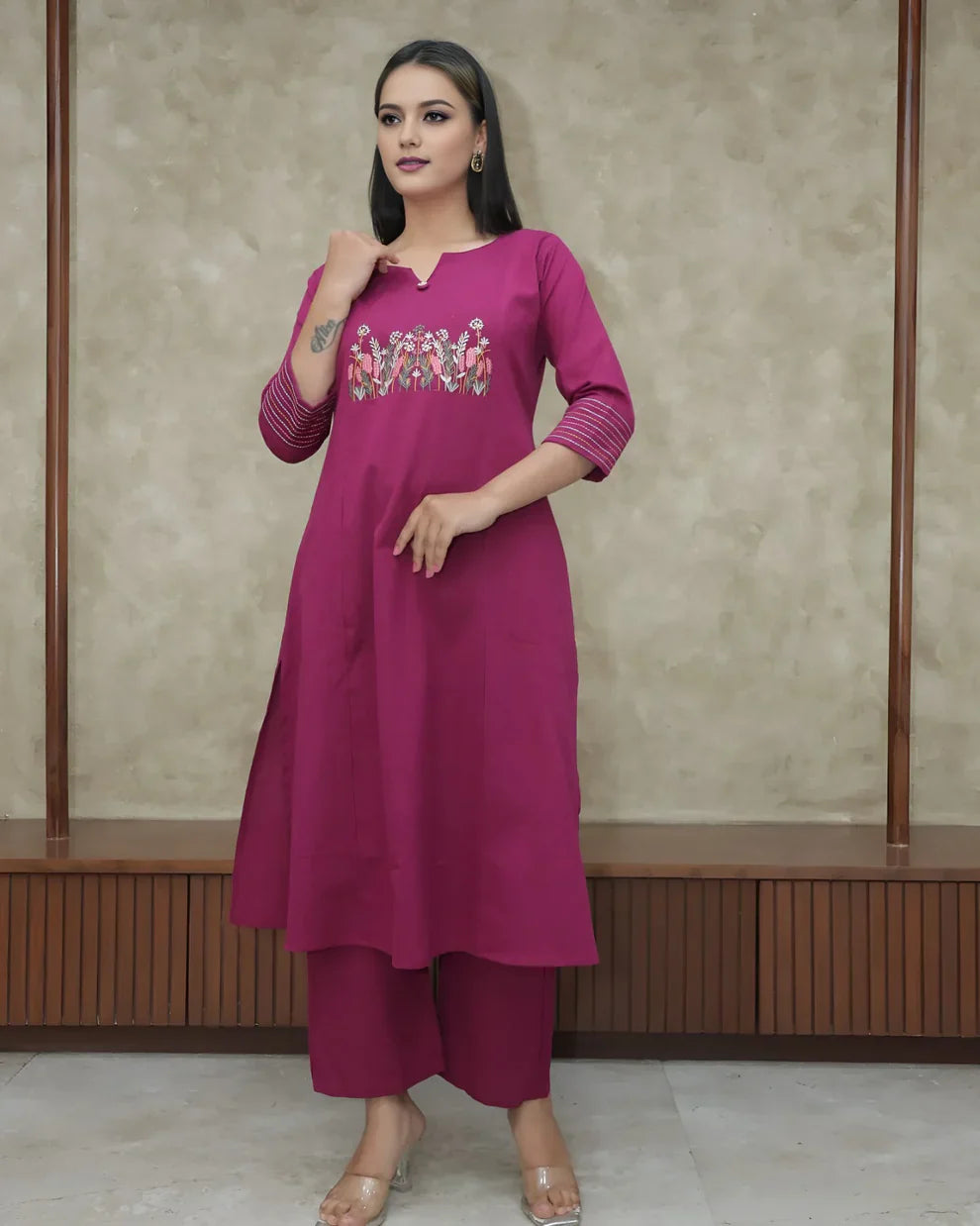 Pink Embroidered Cotton Flex Kurta and Pant Set