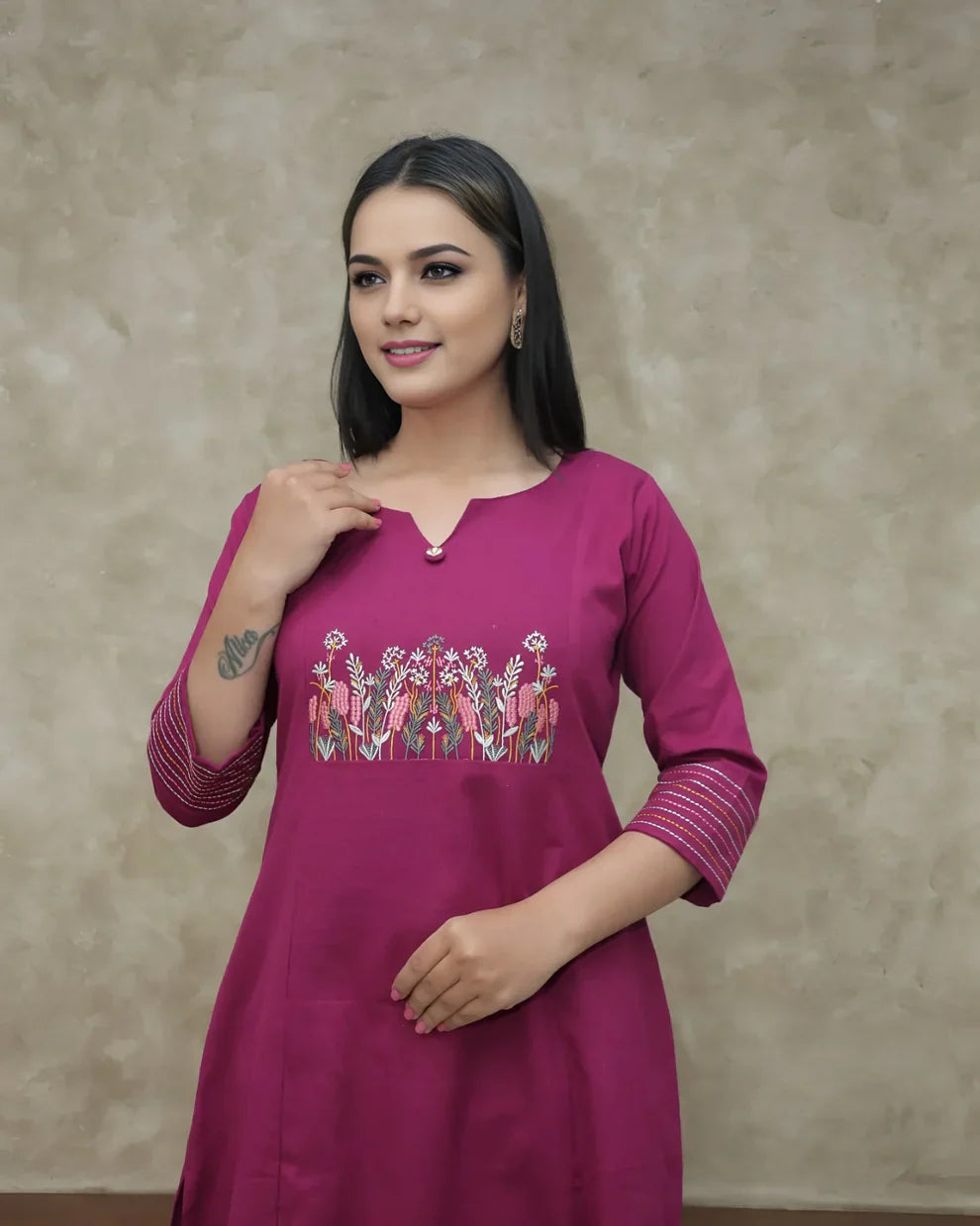 Pink Embroidered Cotton Flex Kurta and Pant Set