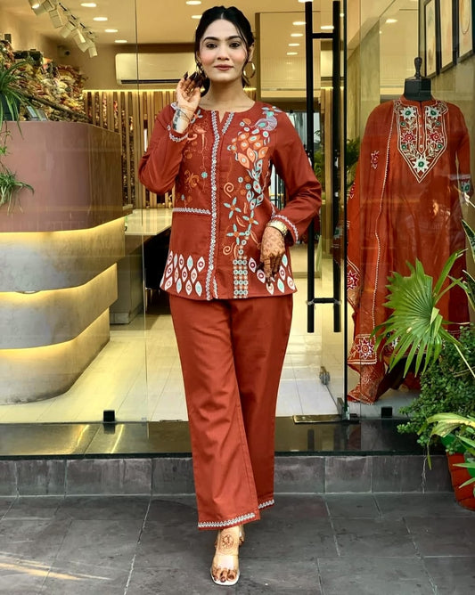 Rust Embroidered Floral Cotton Co-ord Set