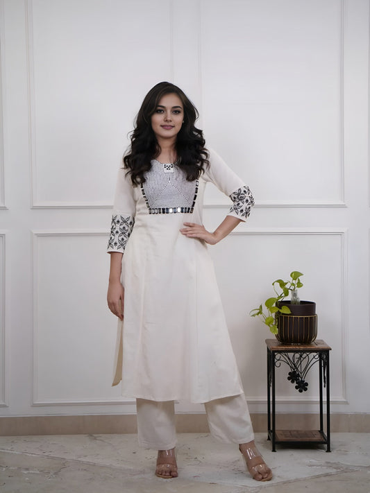 Off-White Embroidered Floral & Geometric Kurta and Pant Set
